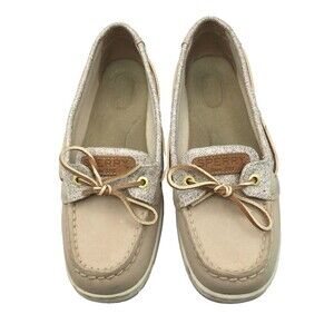 Women's Sperry Topsider Boat Shoes Loafer 8 Beige Tan Sparkle RUNS NARROW